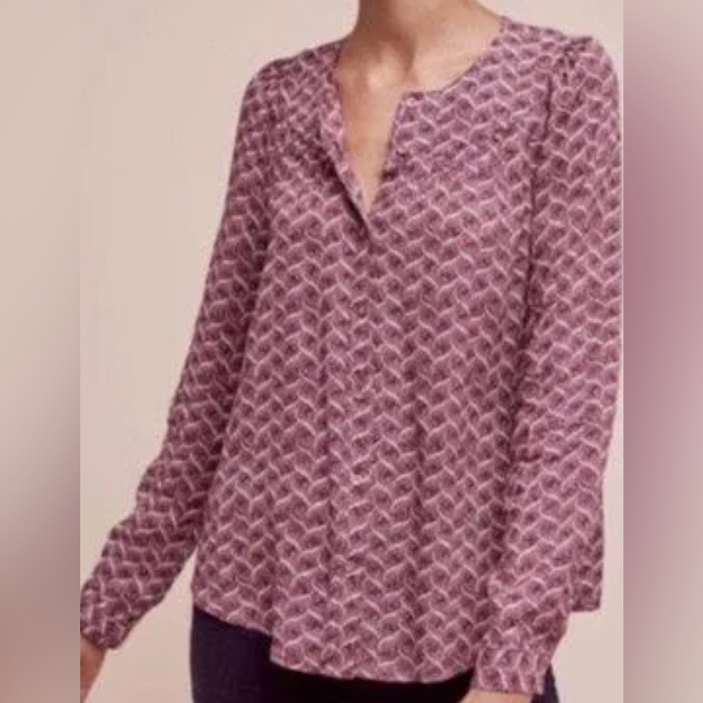 Maeve Anthropologie Orli Women's Knit Shirt Sz Medium Maroon & White Button